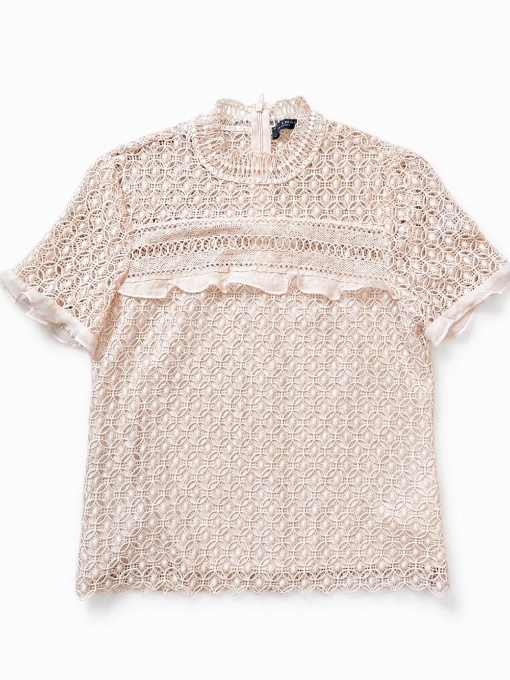 Zara Blush Crochet Mock Neck Short Sleeve Top- see through back